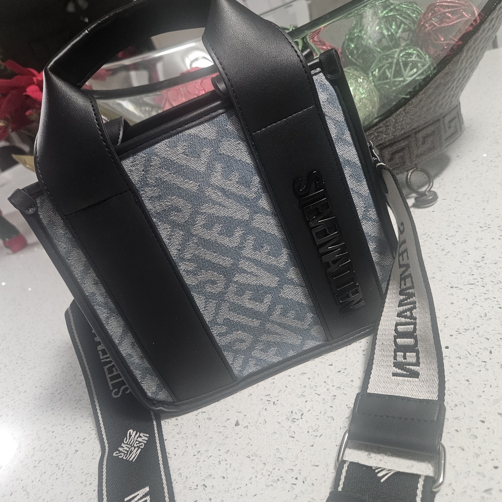 Steve Madden Black and Gray Logo Messenger Bag